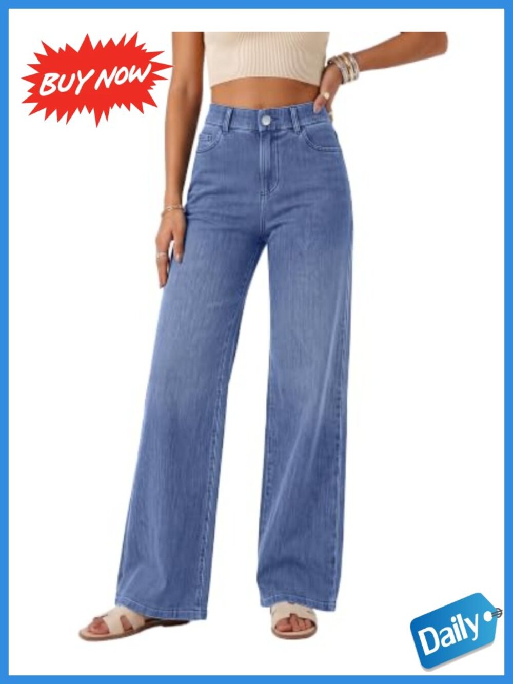 High Waist Wide Leg Pull On Elastic Waist Stretch Denim Jeans